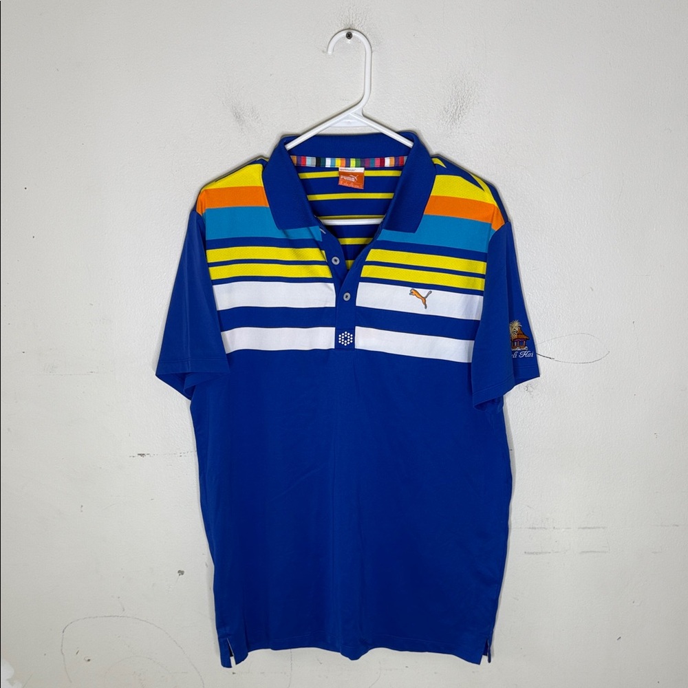 Puma Men's Vibrant Blue Polo with Stripes Size Medium